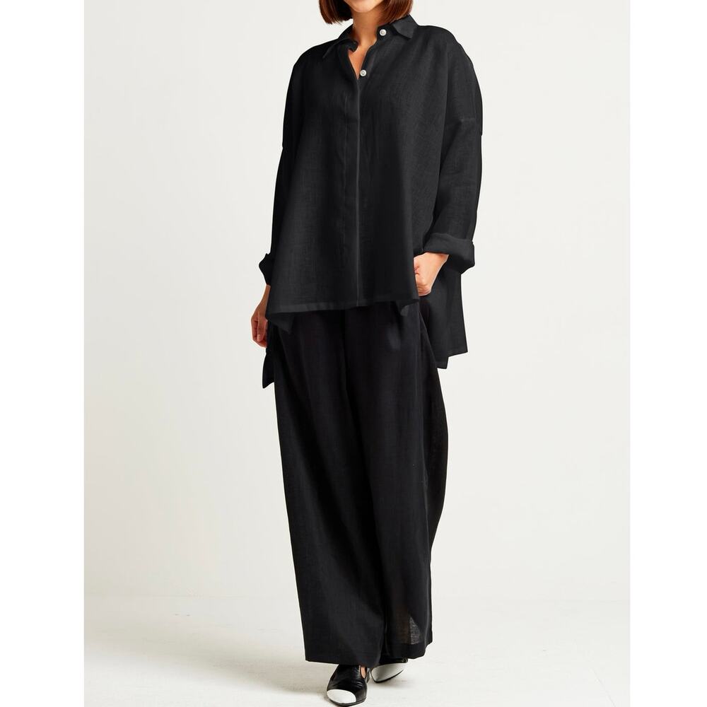 Planet By Lauren G Handkerchief Linen Shirt Button Down Blouse Black One Size - Picture 2 of 13